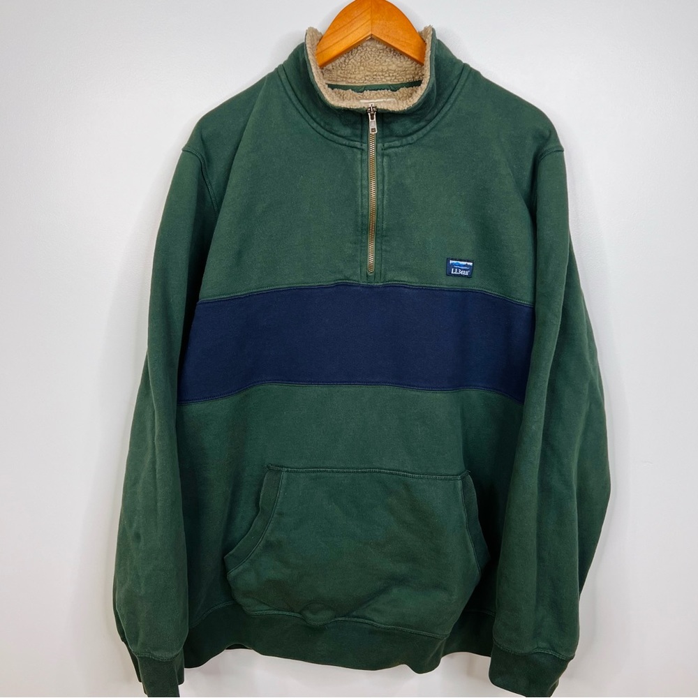 LL Bean 1/4 Zip Pullover Green Blue Sherpa Collar Colorblock Sweatshirt XL-Tall